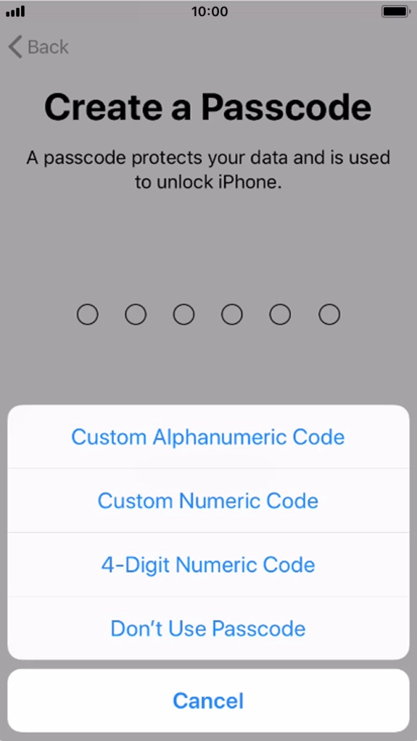 Follow the instructions on the screen to turn on the phone lock code or press Don't Use Passcode.