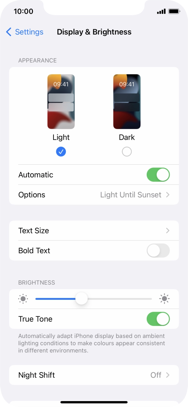 If you turn on the function, press Options and follow the instructions on the screen to select the required period of time for Dark Mode. If you turn on the function, press Options and follow the instructions on the screen to select the required period of time for Dark Mode.