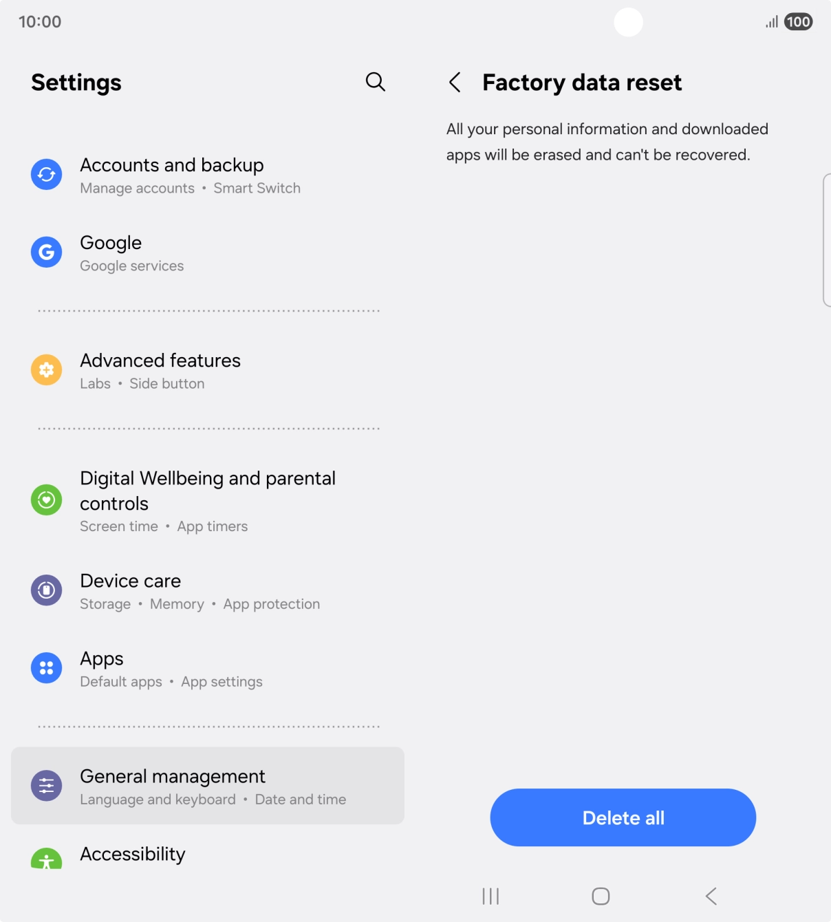 Press Delete all. Wait a moment while the factory settings are restored. Follow the instructions on the screen to set up your phone and prepare it for use.