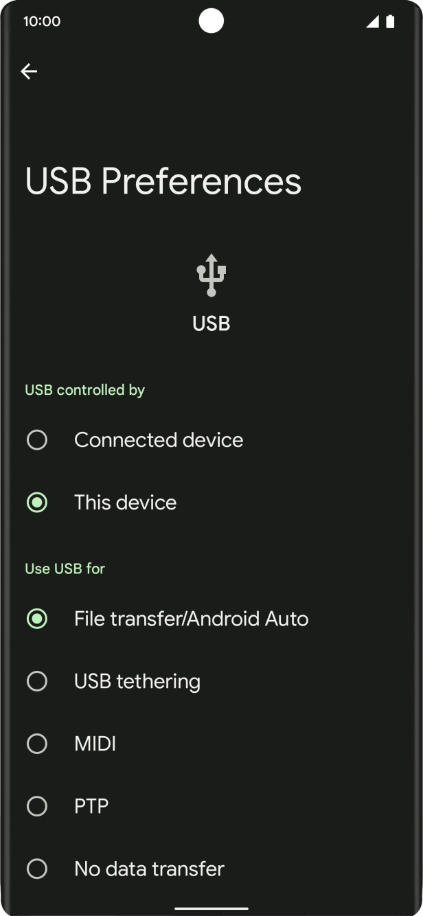 Press File transfer/Android Auto. Press File transfer/Android Auto.