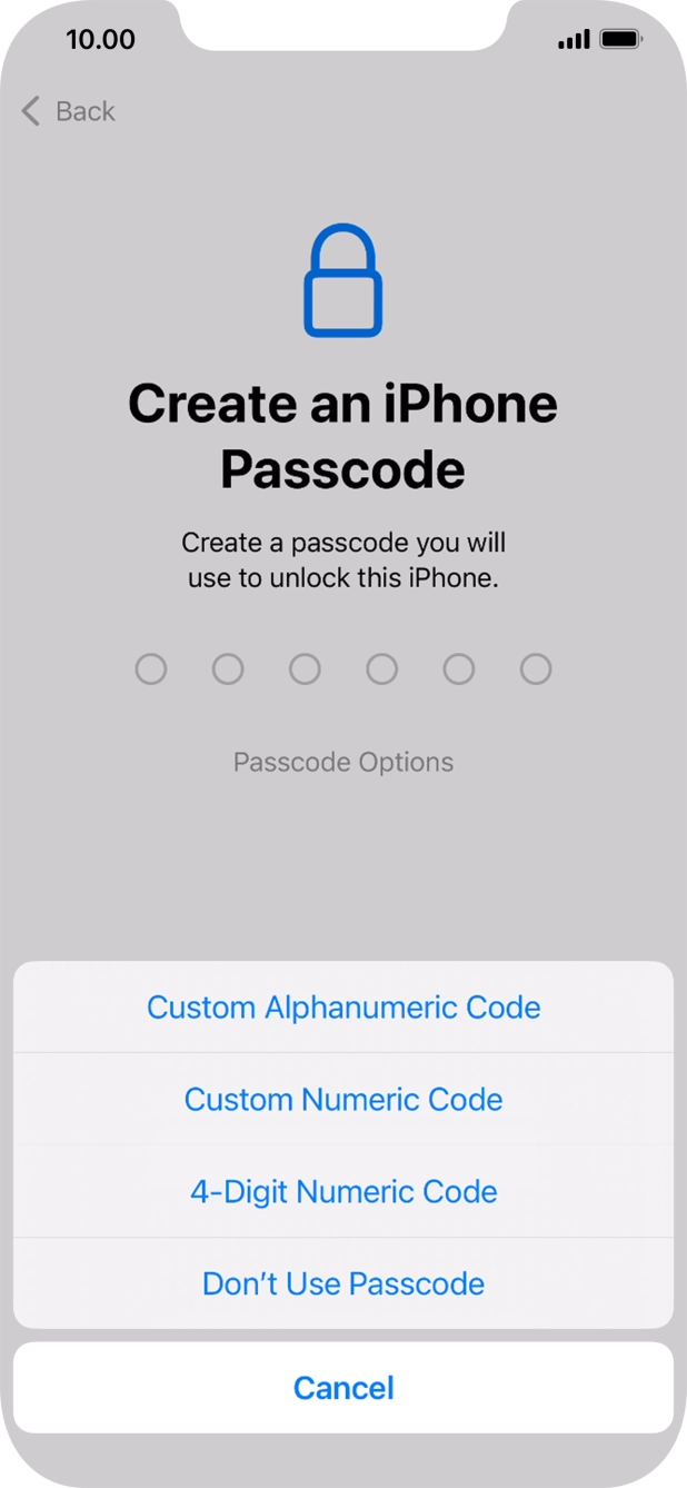 Follow the instructions on the screen to turn on the phone lock code or press Don't Use Passcode.