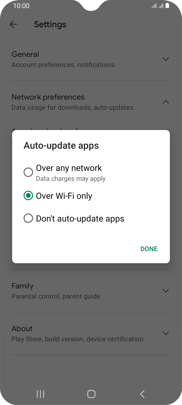 To turn on automatic update of apps using mobile network, press Over any network.
