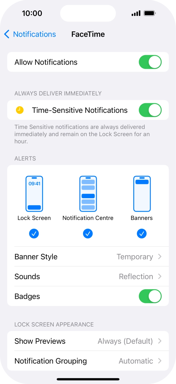 Press the indicator next to 'Allow Notifications' to turn notifications for the selected application on or off. Press the indicator next to 'Allow Notifications' to turn notifications for the selected application on or off.