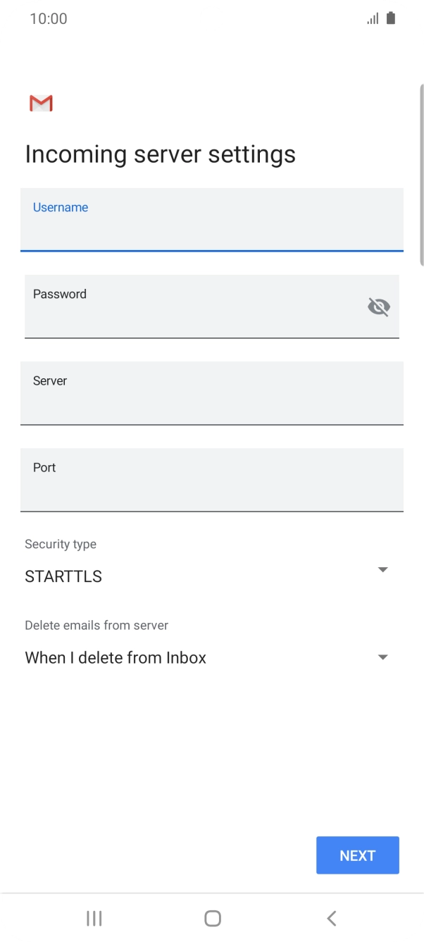 Press the field below 'Server' and key in the name of your email provider's incoming server. Press the field below 'Server' and key in the name of your email provider's incoming server.