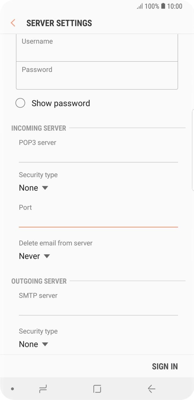 Press the drop down list below 'Delete email from server'. Press the drop down list below 'Delete email from server'.