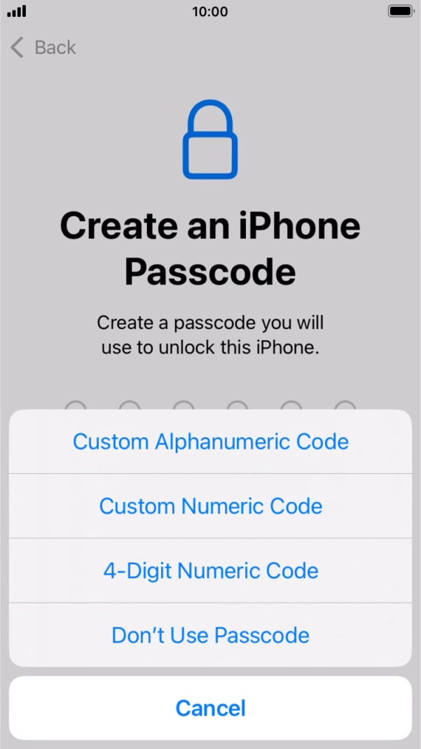 Follow the instructions on the screen to turn on the phone lock code or press Don't Use Passcode.