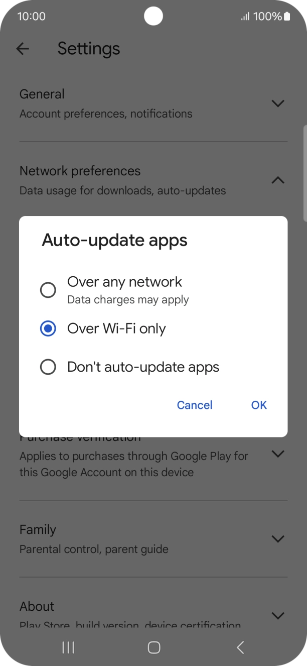 To turn on automatic update of apps using mobile network, press Over any network. To turn on automatic update of apps using mobile network, press Over any network.
