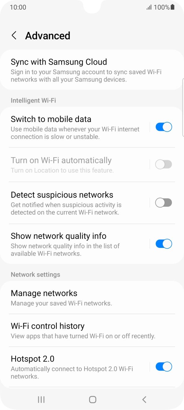 Press the indicator next to 'Switch to mobile data' to turn the function on or off. Press the indicator next to 'Switch to mobile data' to turn the function on or off.