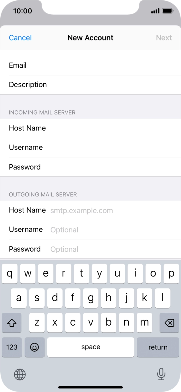 Press Host Name and key in the name of your email provider's outgoing server. Press Host Name and key in the name of your email provider's outgoing server.