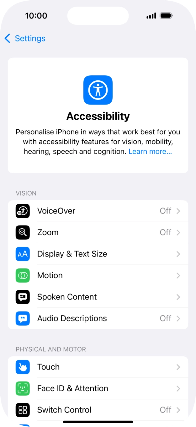 Press the required category below 'VISION' and follow the instructions on the screen to select the required settings.