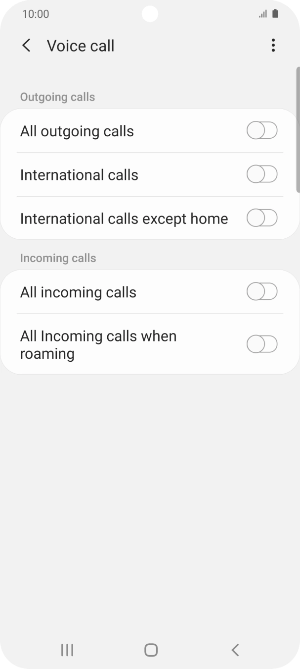 Press the indicator next to the required barring type to turn the function on or off. Press the indicator next to the required barring type to turn the function on or off.