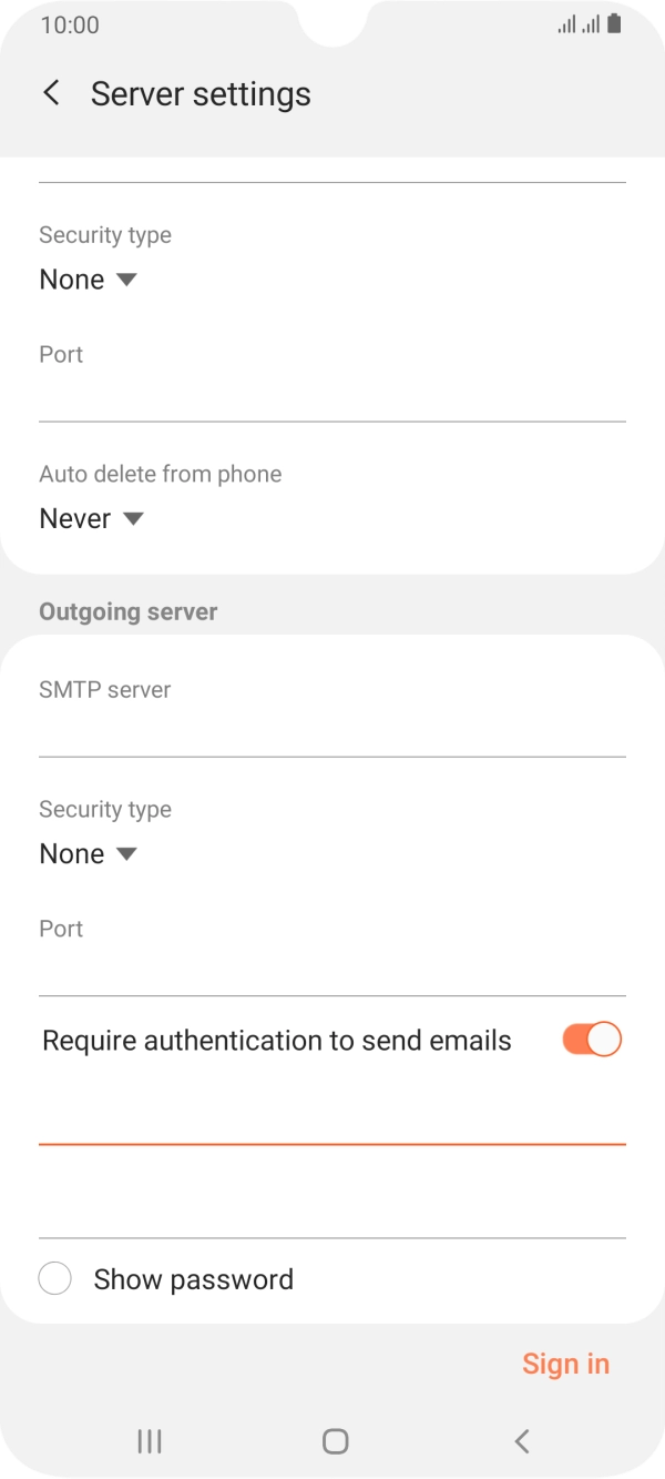 Press the password field and key in the password for your email provider's outgoing server. Press the password field and key in the password for your email provider's outgoing server.