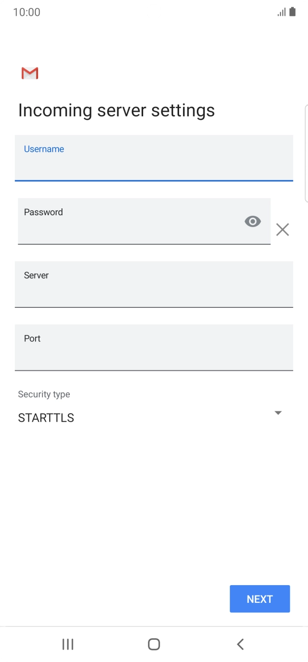 Press the field below 'Server' and key in the name of your email provider's incoming server. Press the field below 'Server' and key in the name of your email provider's incoming server.