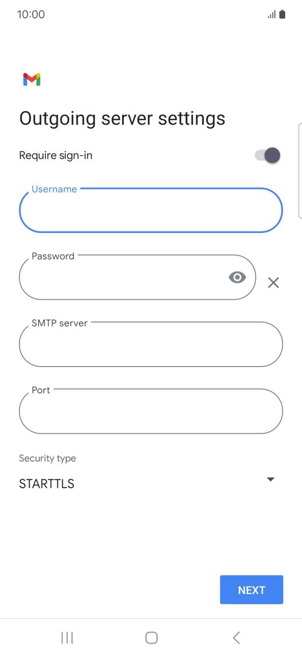 Press the field below 'Password' and key in the password of your email provider's outgoing server. Press the field below 'Password' and key in the password of your email provider's outgoing server.