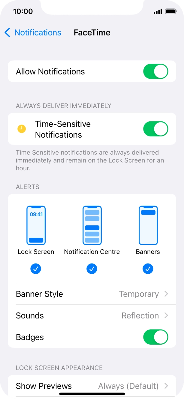 Press the indicator next to 'Allow Notifications' to turn notifications for the selected application on or off. Press the indicator next to 'Allow Notifications' to turn notifications for the selected application on or off.