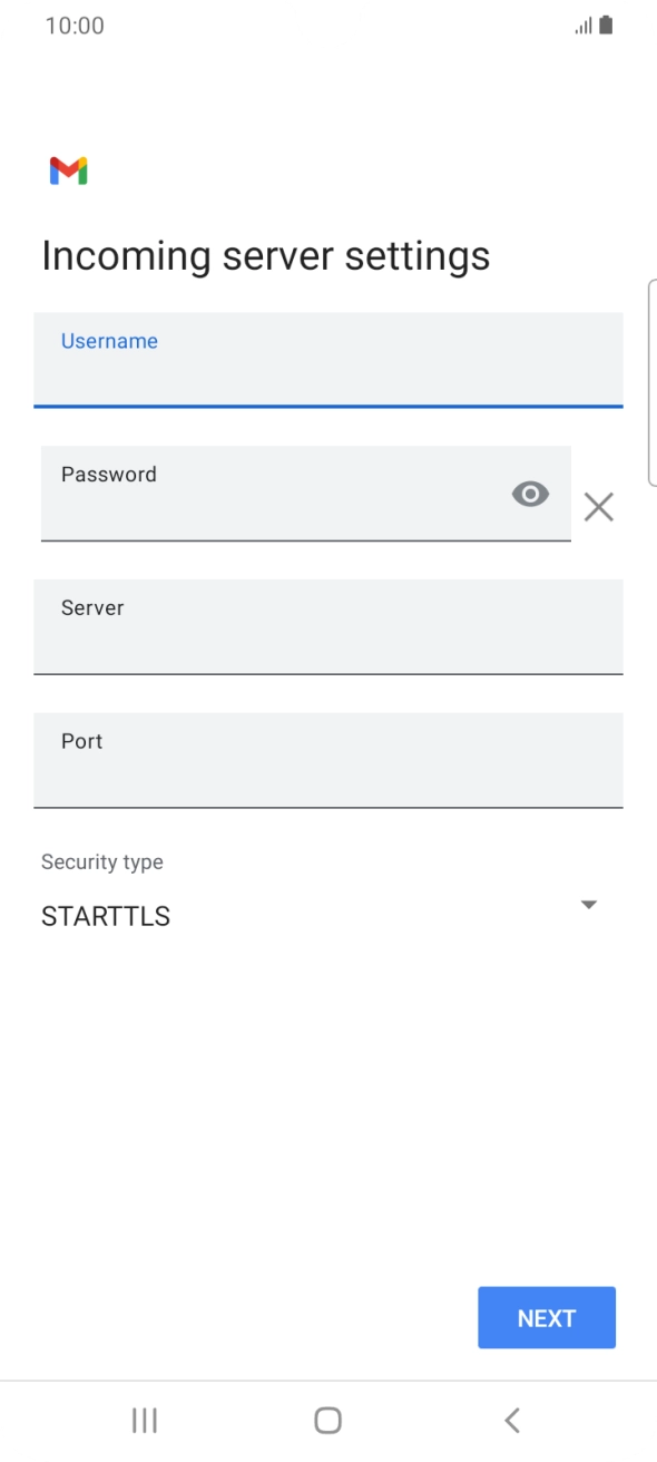 Press the field below 'Server' and key in the name of your email provider's incoming server. Press the field below 'Server' and key in the name of your email provider's incoming server.