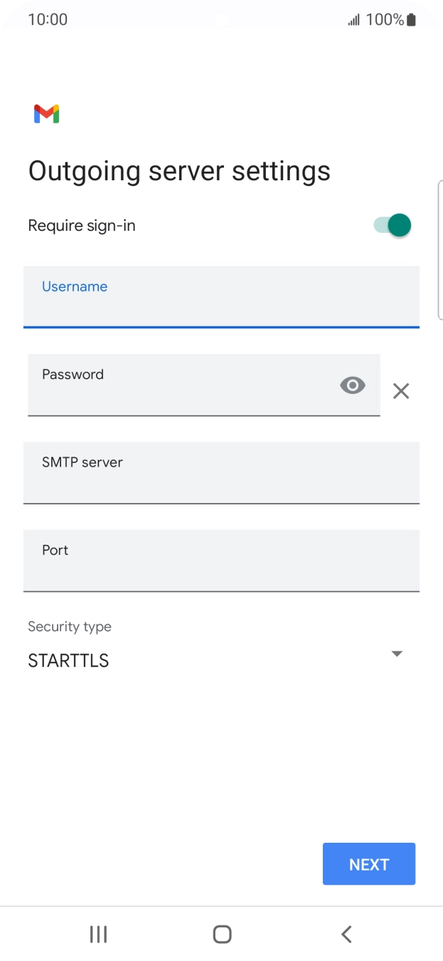 Press the field below 'Password' and key in the password of your email provider's outgoing server. Press the field below 'Password' and key in the password of your email provider's outgoing server.