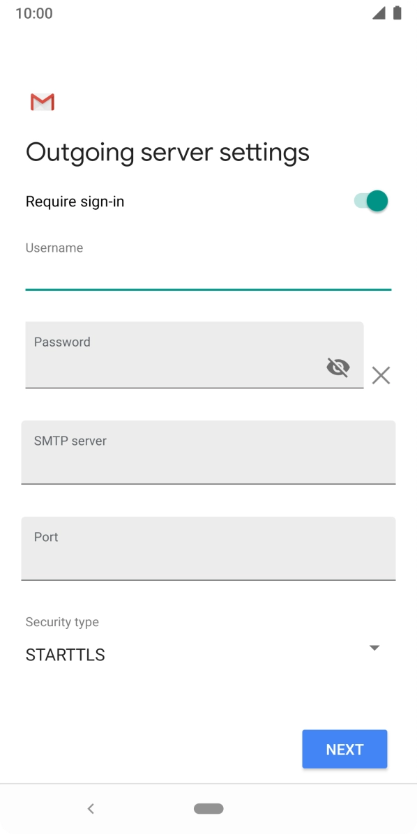 Press the field below 'Password' and key in the password of your email provider's outgoing server. Press the field below 'Password' and key in the password of your email provider's outgoing server.