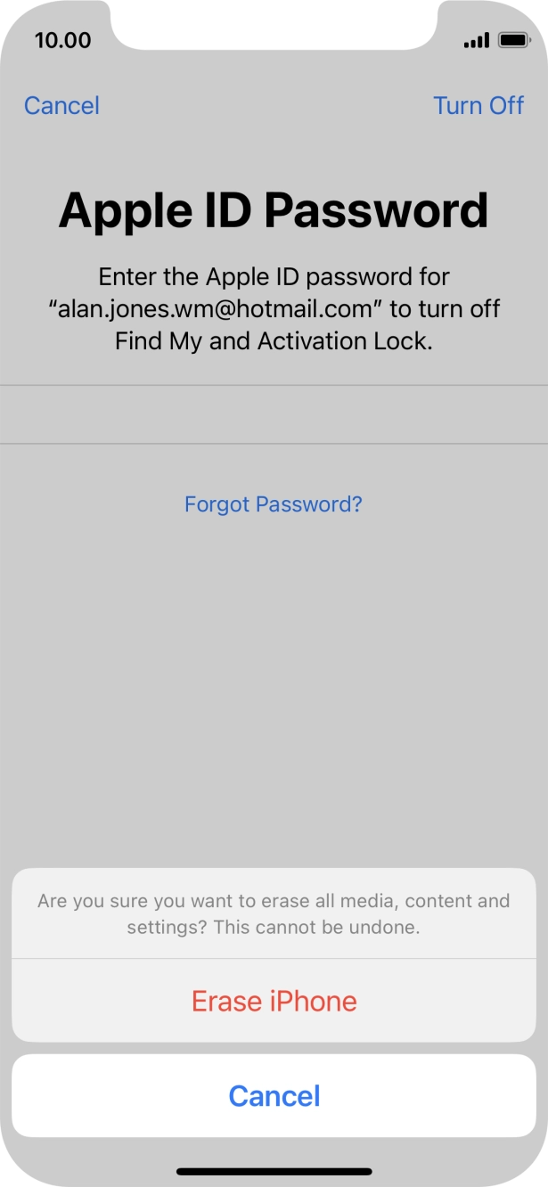 Key in the password for your Apple ID and press Erase iPhone. Wait a moment while the factory default settings are restored. Follow the instructions on the screen to set up your phone and prepare it for use.