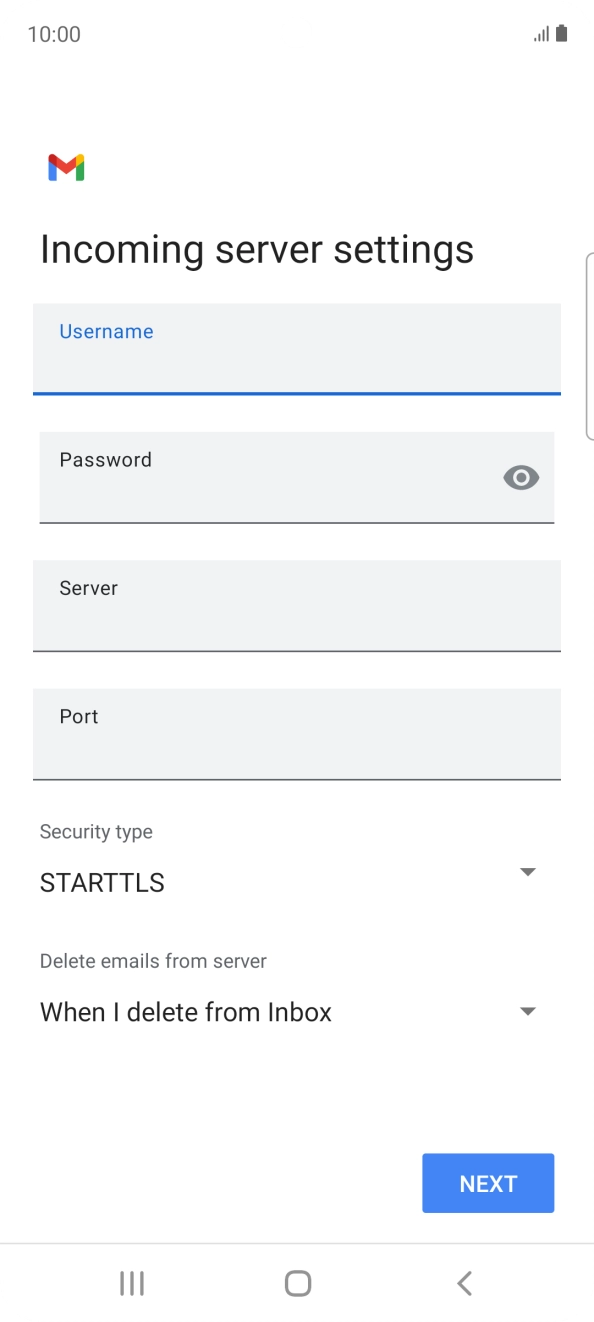 Press the field below 'Server' and key in the name of your email provider's incoming server. Press the field below 'Server' and key in the name of your email provider's incoming server.