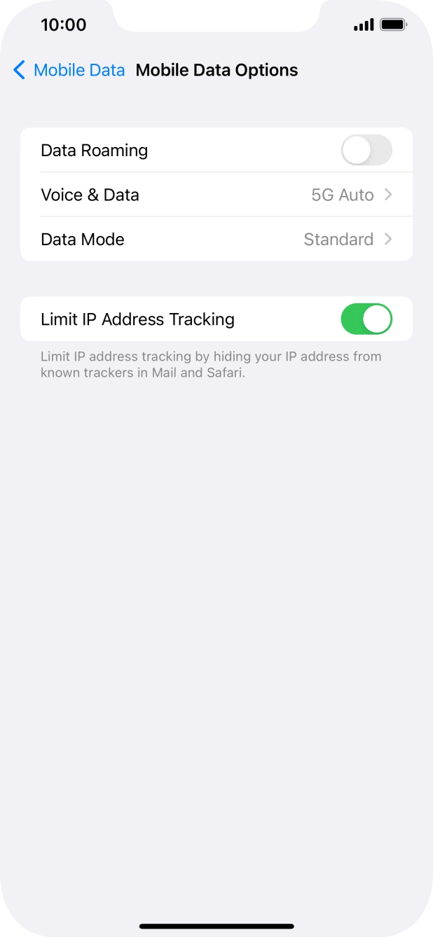 Press the indicator next to 'Data Roaming' to turn the function on or off.