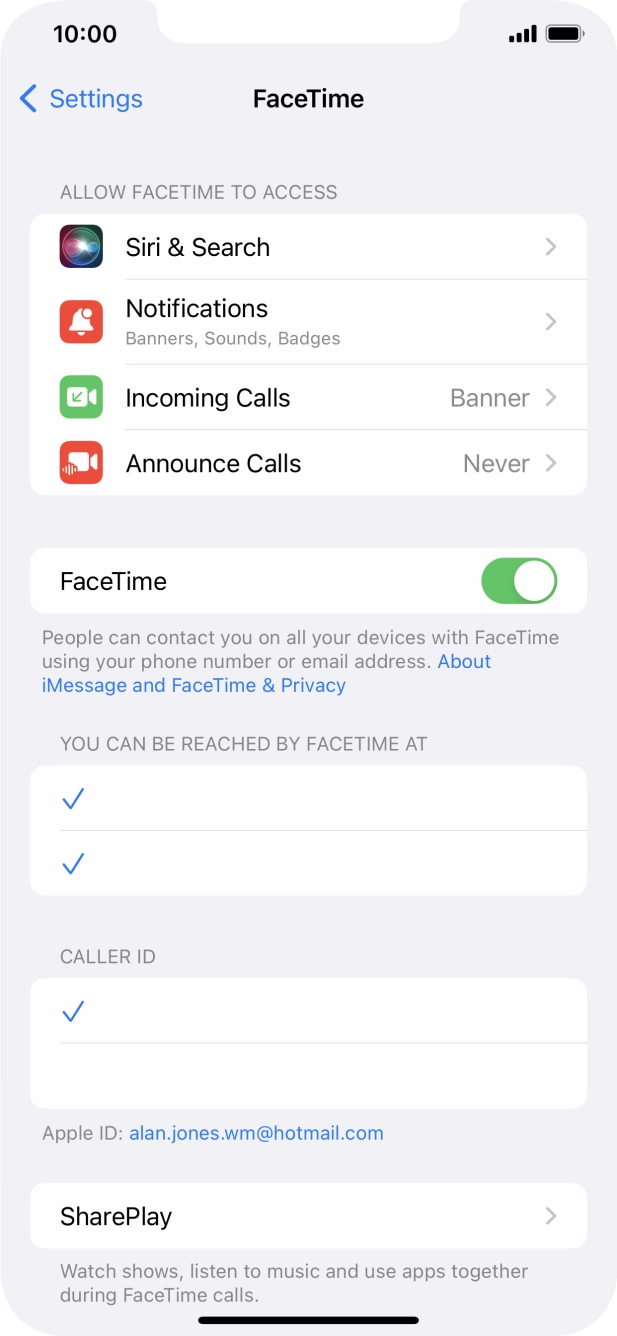 Press the indicator next to 'FaceTime' to turn the function on or off. Press the indicator next to 'FaceTime' to turn the function on or off.