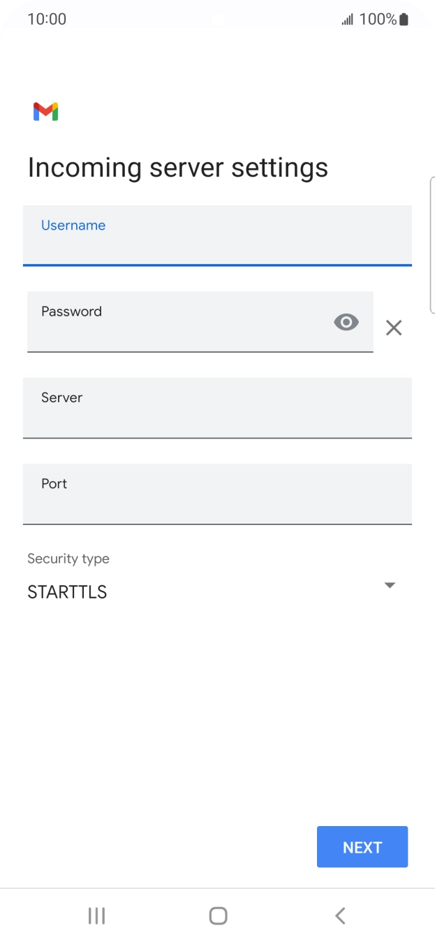 Press the field below 'Server' and key in the name of your email provider's incoming server. Press the field below 'Server' and key in the name of your email provider's incoming server.