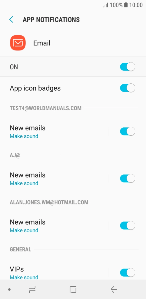 Press the indicator below the required email account to turn the function on or off. Press the indicator below the required email account to turn the function on or off.