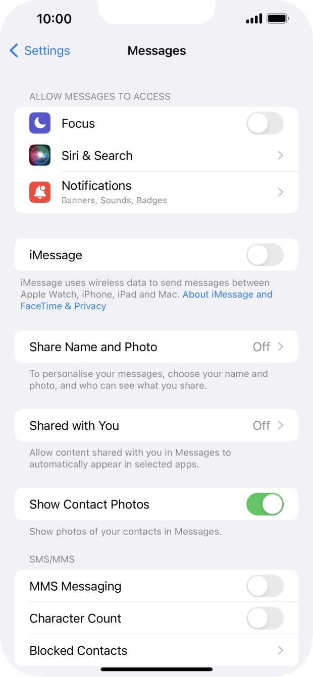 Press the indicator next to 'iMessage' to turn on the function.