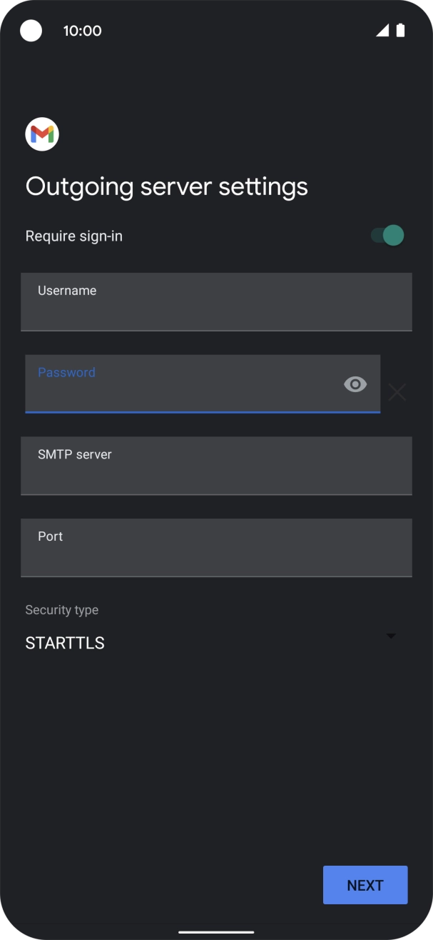 Press the field below 'SMTP server' and key in the name of your email provider's outgoing server. Press the field below 'SMTP server' and key in the name of your email provider's outgoing server.
