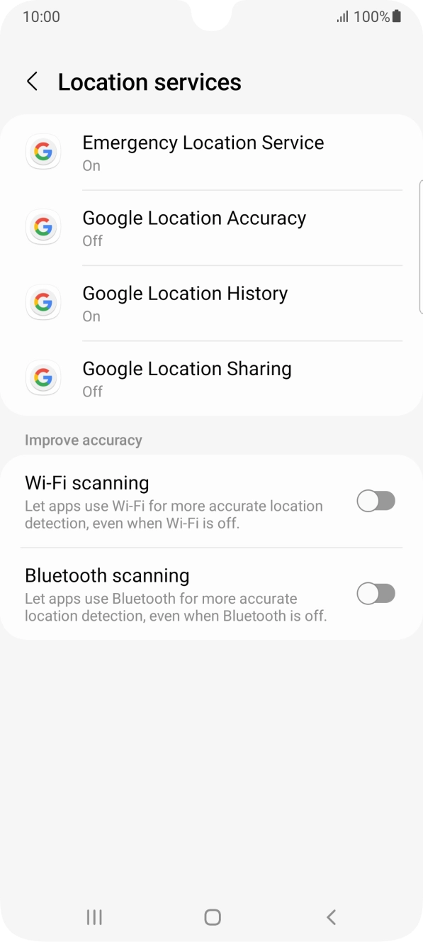Press Google Location Accuracy. Press Google Location Accuracy.