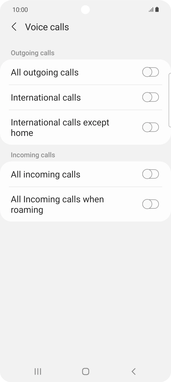 Press the indicator next to the required barring type to turn the function on or off. Press the indicator next to the required barring type to turn the function on or off.