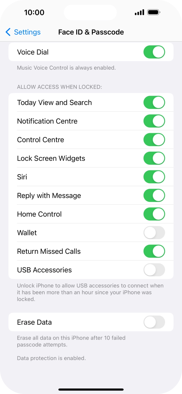Press the indicator next to 'Erase Data' to turn the function on or off.