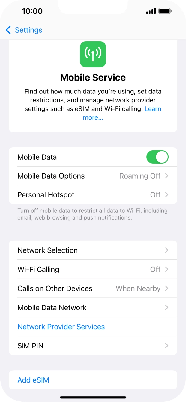 Press the indicator next to 'Mobile Data' to turn the function on or off. Press the indicator next to 'Mobile Data' to turn the function on or off.