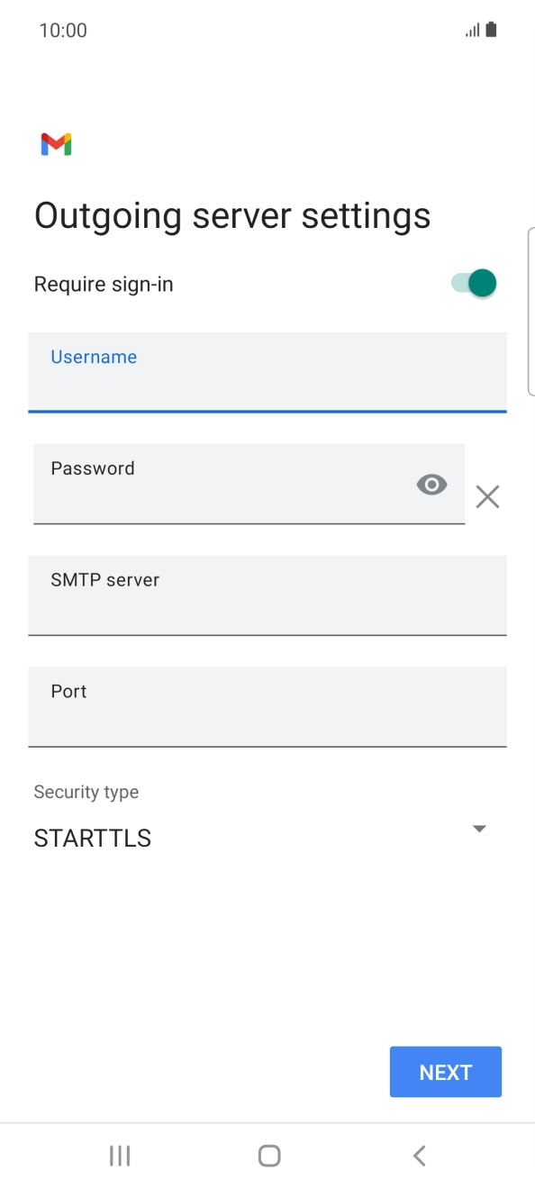 Press the field below 'Password' and key in the password of your email provider's outgoing server. Press the field below 'Password' and key in the password of your email provider's outgoing server.