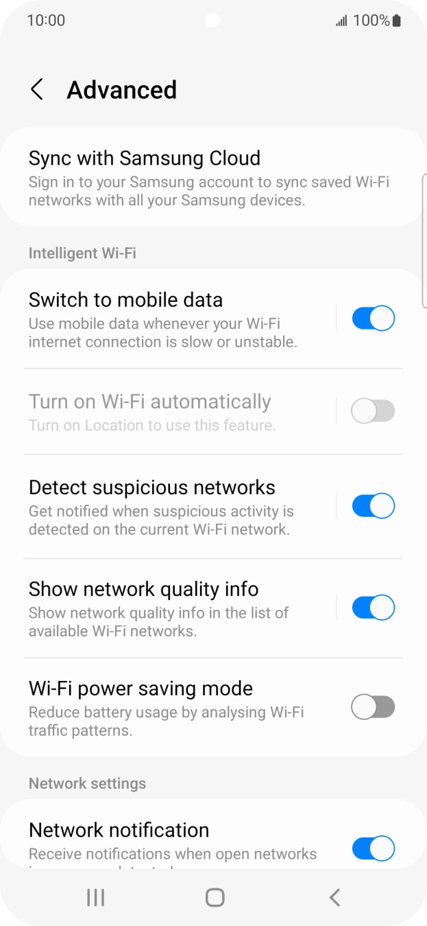 Press the indicator next to 'Switch to mobile data' to turn the function on or off. Press the indicator next to 'Switch to mobile data' to turn the function on or off.