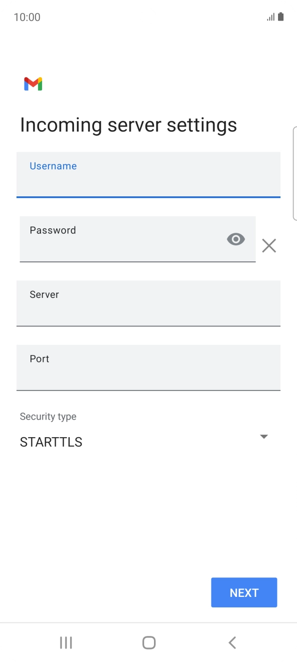 Press the field below 'Server' and key in the name of your email provider's incoming server. Press the field below 'Server' and key in the name of your email provider's incoming server.