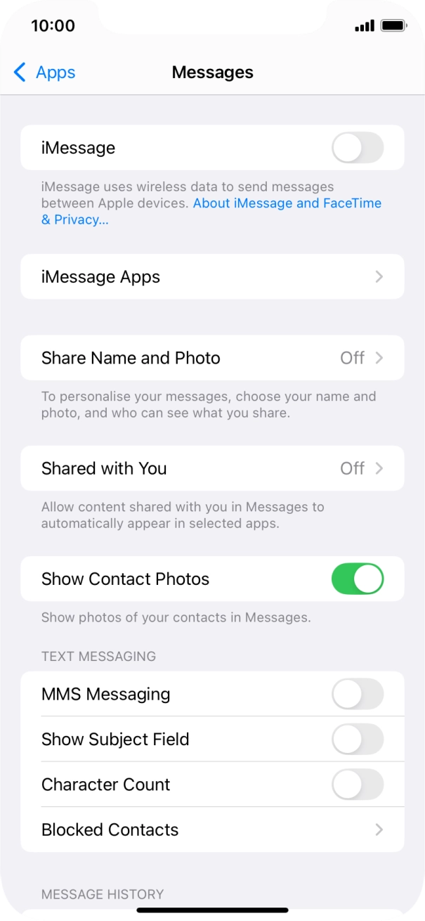 Press the indicator next to 'iMessage' to turn on the function.