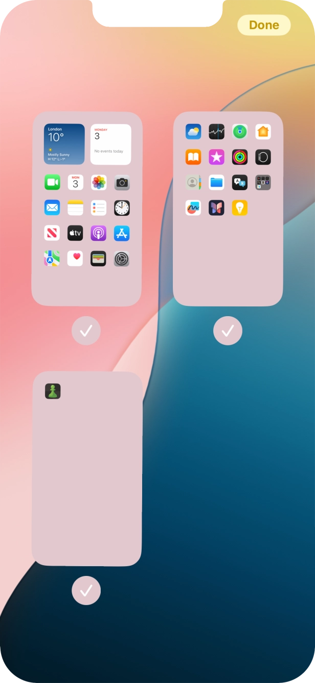 Press the fields below the required home screen pages to select or deselect them. Press the fields below the required home screen pages to select or deselect them.