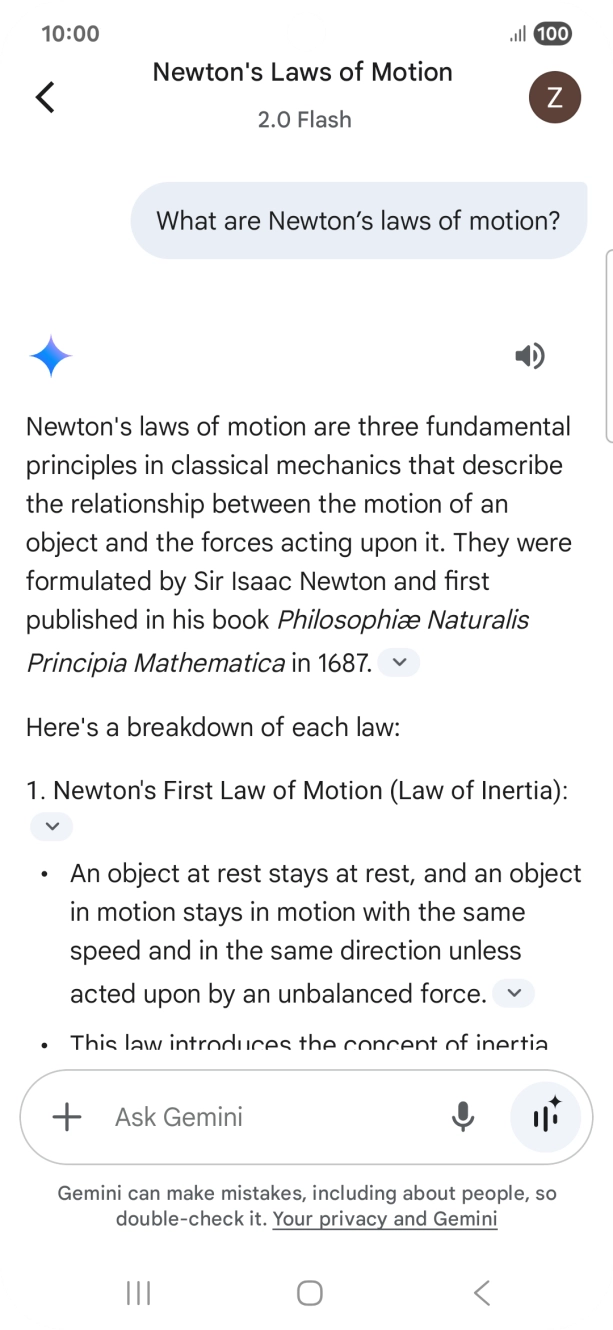 Transcription of the conversation with Gemini Live is now displayed.