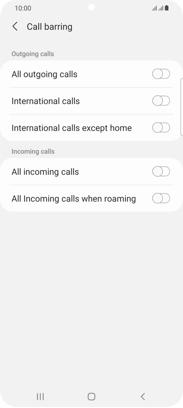 Press the required barring type to turn the function on or off.
