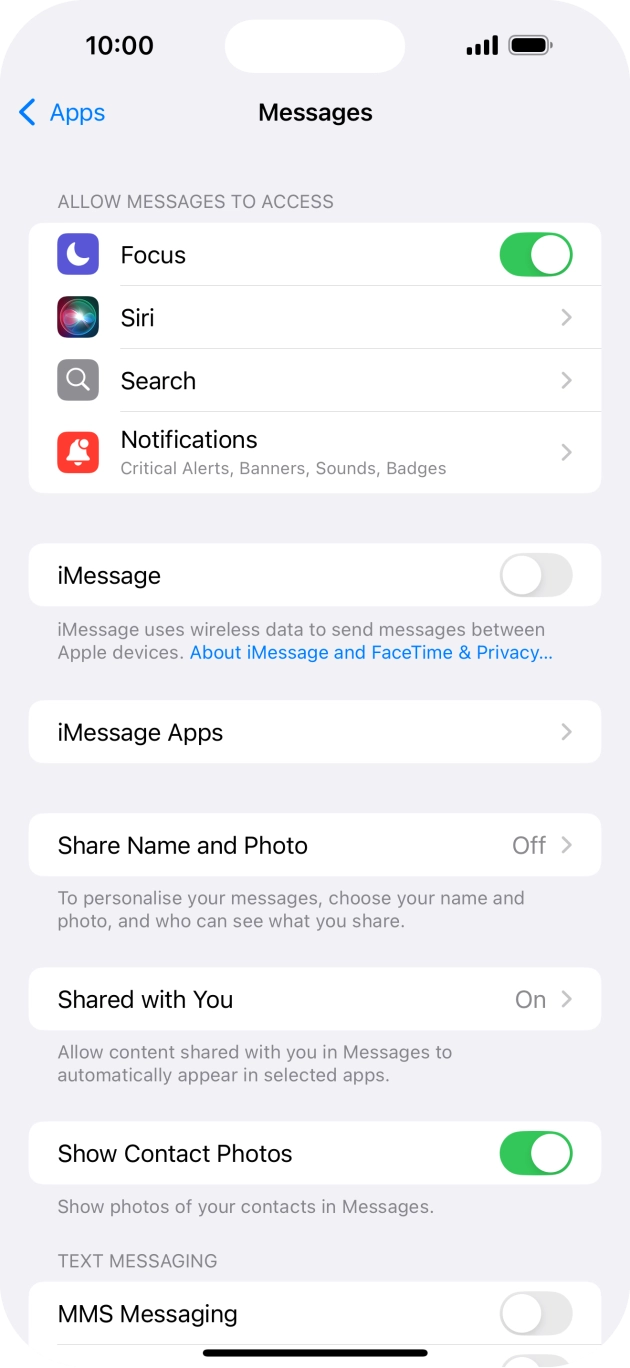 Press the indicator next to 'iMessage' to turn on the function.