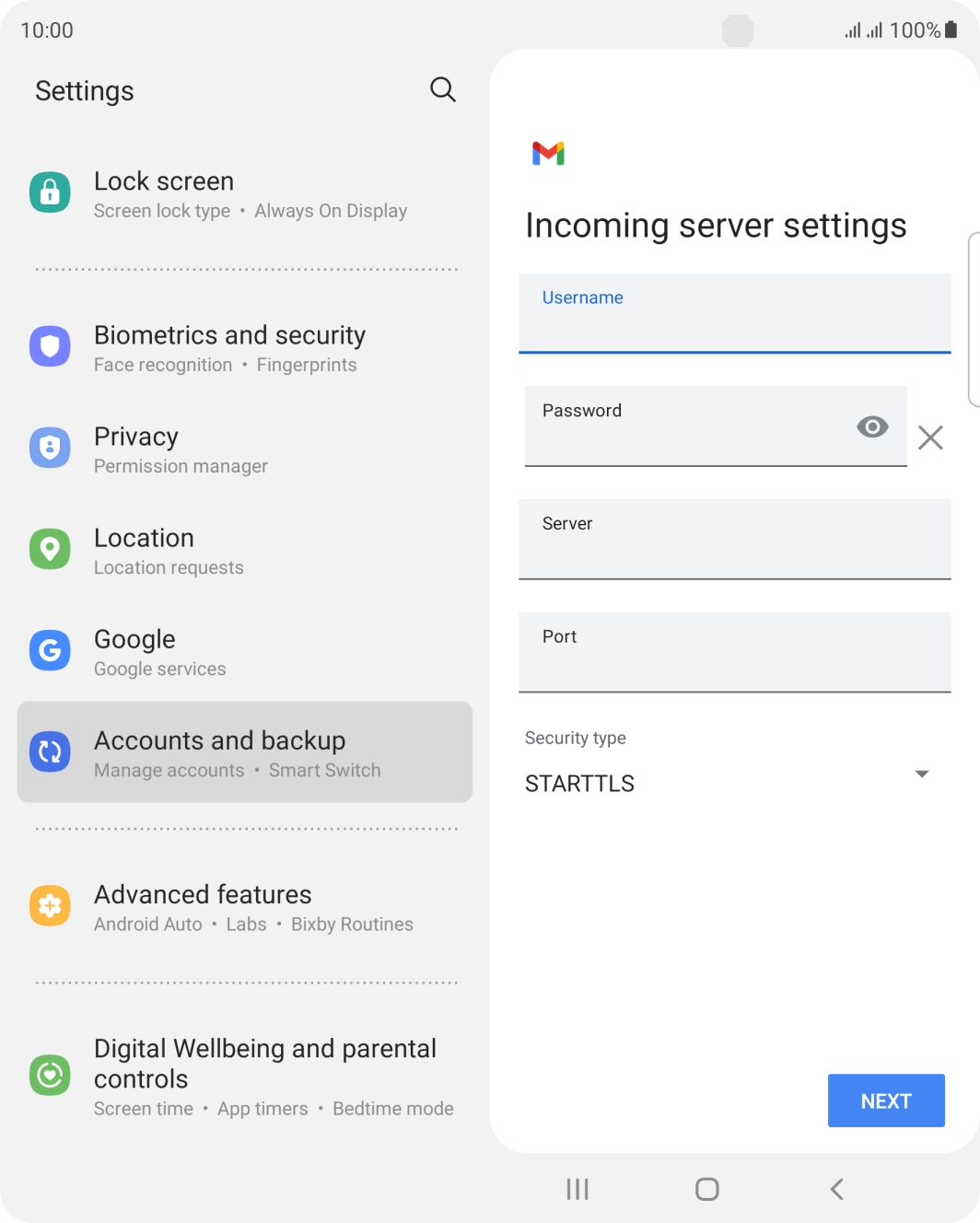 Press the field below 'Server' and key in the name of your email provider's incoming server. Press the field below 'Server' and key in the name of your email provider's incoming server.