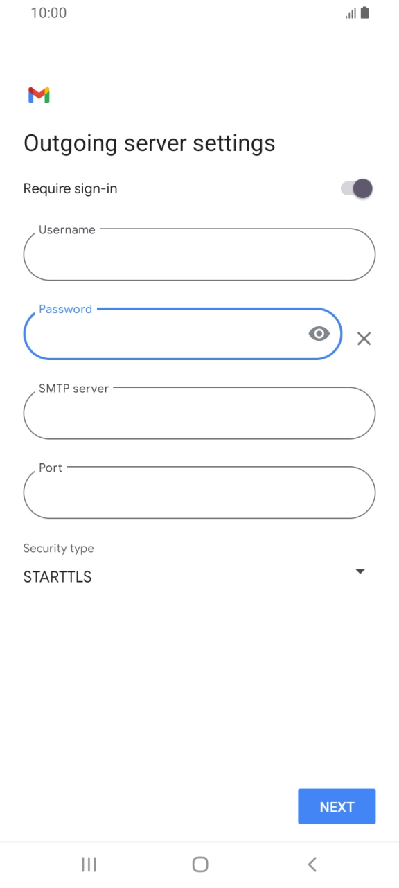 Press the field below 'SMTP server' and key in the name of your email provider's outgoing server. Press the field below 'SMTP server' and key in the name of your email provider's outgoing server.