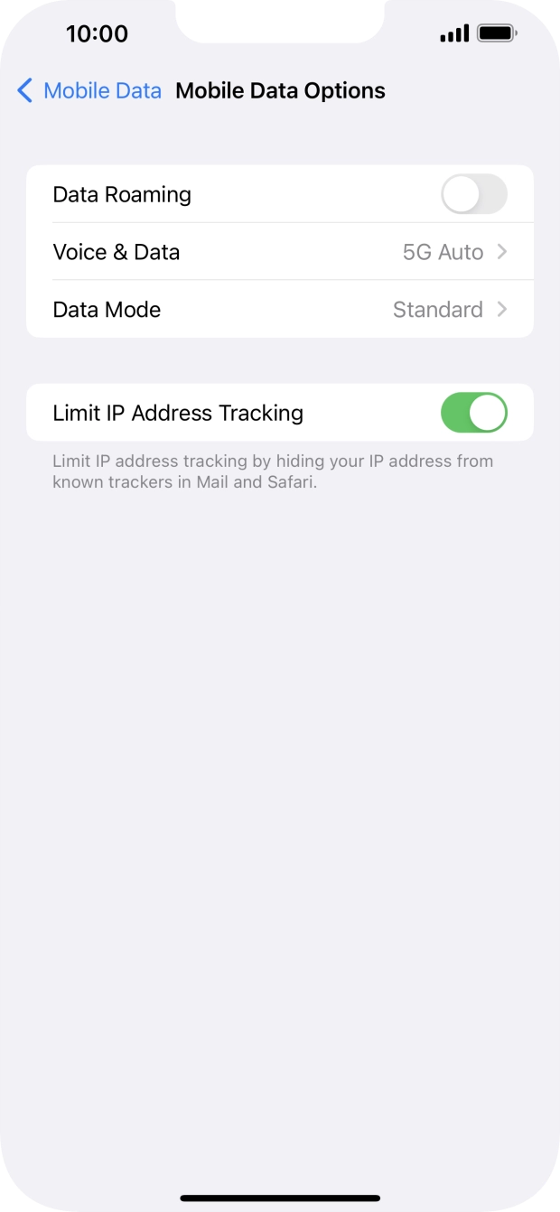 Press the indicator next to 'Data Roaming' to turn the function on or off.