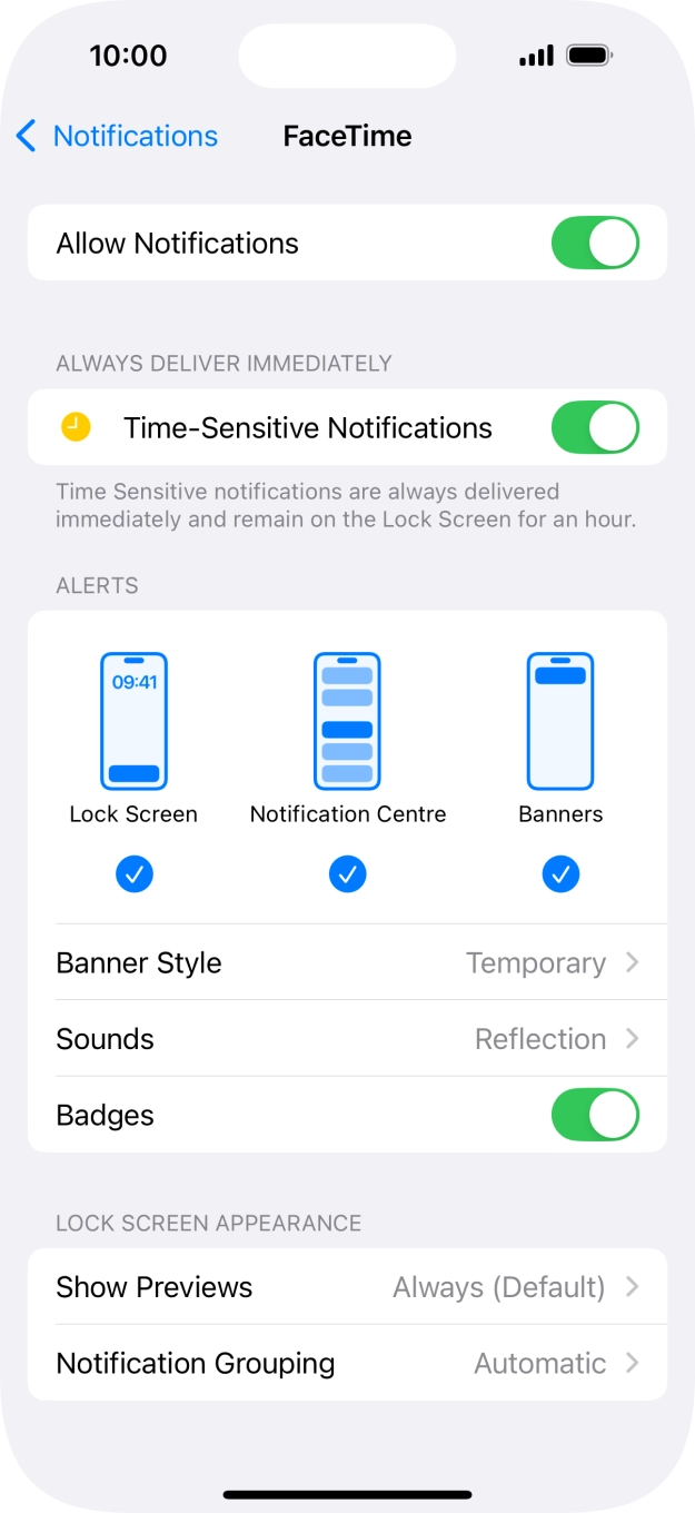 Press the indicator next to 'Allow Notifications' to turn notifications for the selected application on or off. Press the indicator next to 'Allow Notifications' to turn notifications for the selected application on or off.