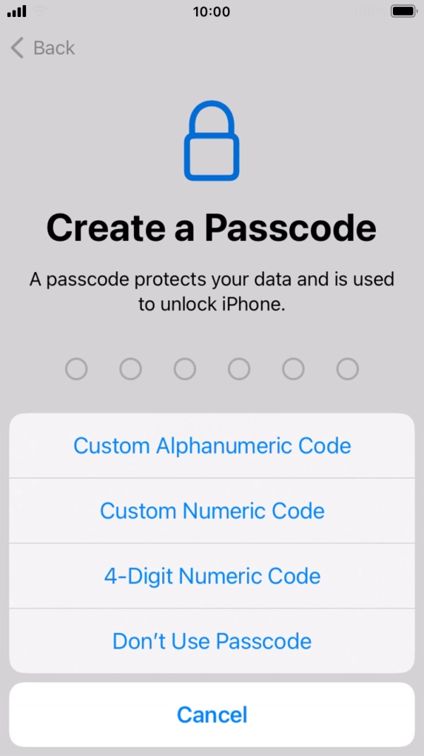 Follow the instructions on the screen to turn on the phone lock code or press Don't Use Passcode.