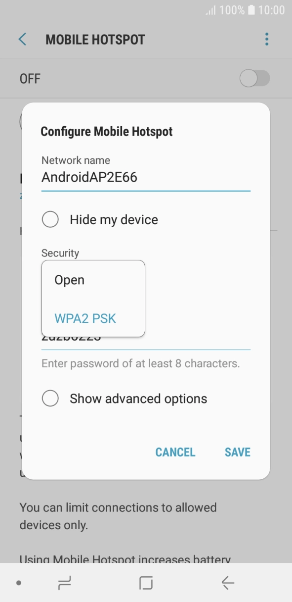 Press WPA2 PSK to password protect your WiFi hotspot.