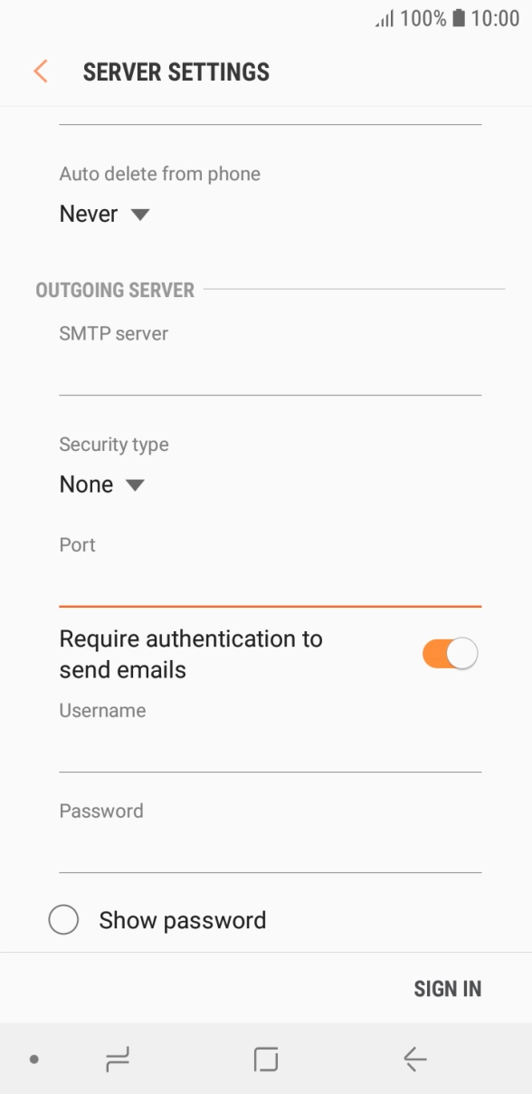 Press the indicator next to 'Require authentication to send emails' to turn on the function. Press the indicator next to 'Require authentication to send emails' to turn on the function.