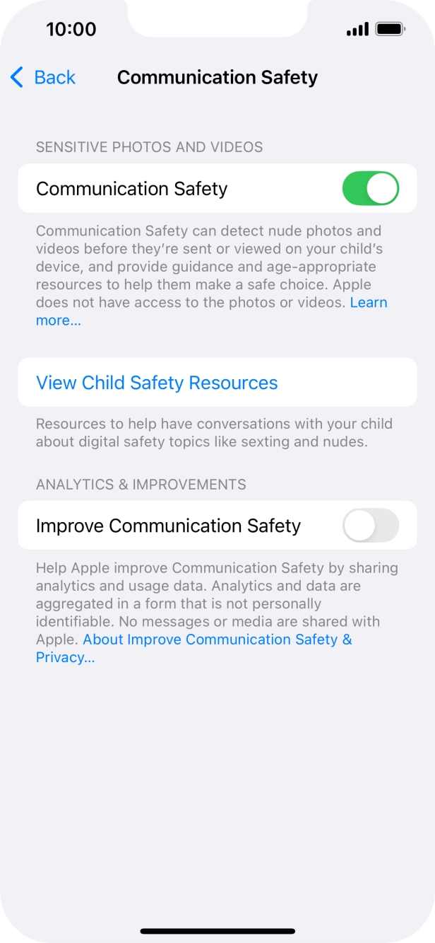 Press the indicator next to 'Communication Safety' to turn the function on or off.